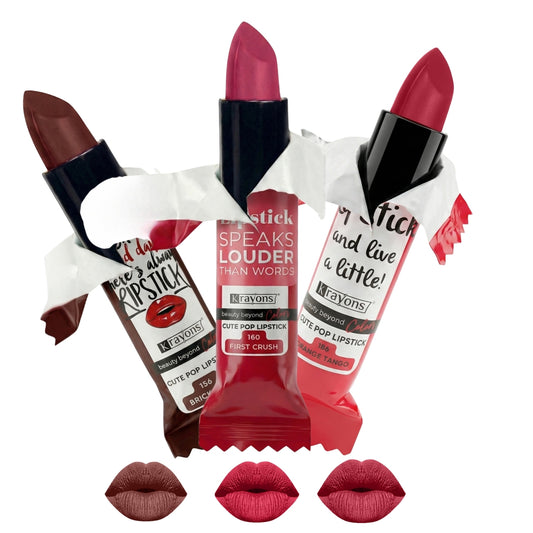 Krayons Cute  Matte Lipstick, Waterproof, Longlasting, 3.5gm Each, Pack of 3 (Brick Tone, First Crush, Orange Tango)
