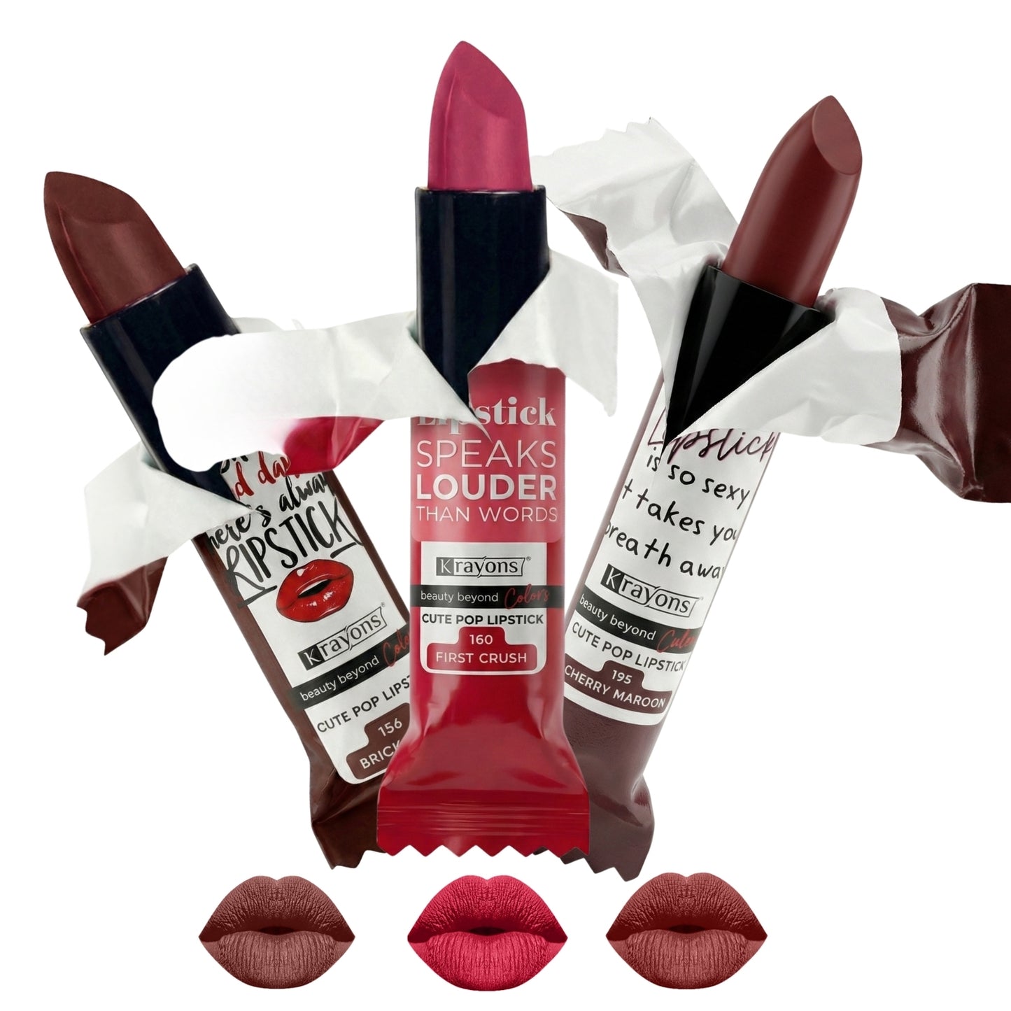 Krayons Cute  Matte Lipstick, Waterproof, Longlasting, 3.5gm Each, Pack of 3 (Brick Tone, First Crush, Cherry Maroon)