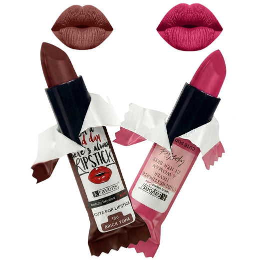 Krayons Cute  Matte Lipstick, Waterproof, Longlasting, 3.5gm Each, Pack of 2 (Brick Tone, Angel Pink)