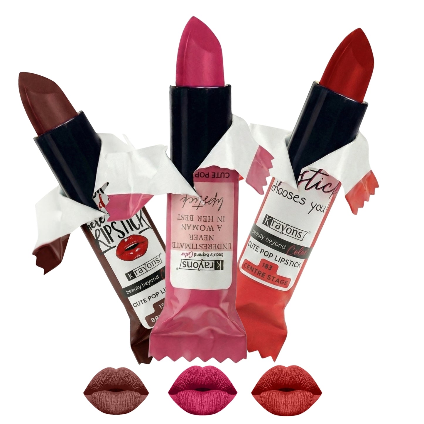 Krayons Cute  Matte Lipstick, Waterproof, Longlasting, 3.5gm Each, Pack of 3 (Brick Tone, Angel Pink, Centre Stage)