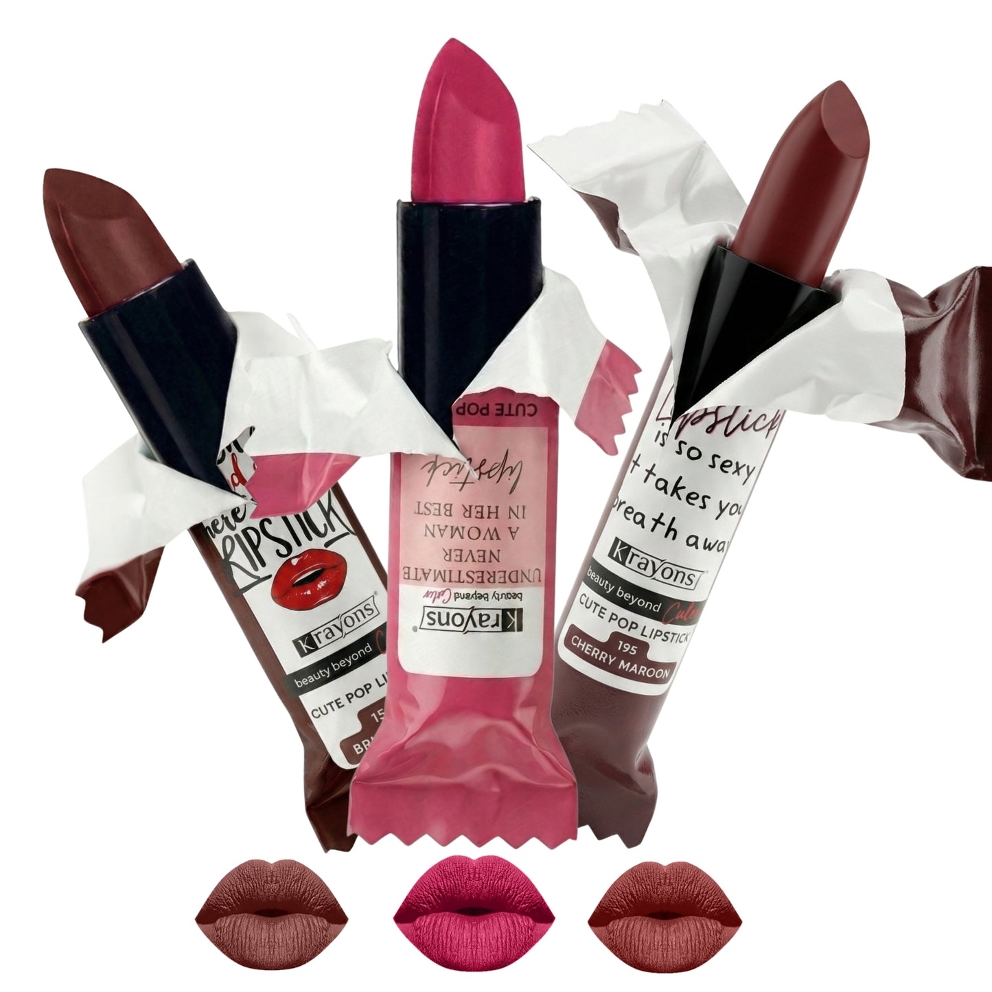 Krayons Cute  Matte Lipstick, Waterproof, Longlasting, 3.5gm Each, Pack of 3 (Brick Tone, Angel Pink, Cherry Maroon)