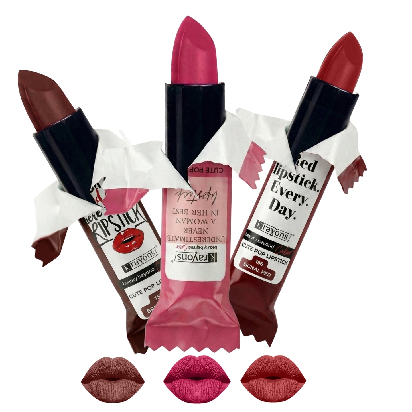 Krayons Cute  Matte Lipstick, Waterproof, Longlasting, 3.5gm Each, Pack of 3 (Brick Tone, Angel Pink, Signal Red)