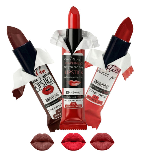 Krayons Cute  Matte Lipstick, Waterproof, Longlasting, 3.5gm Each, Pack of 3 (Brick Tone, Orange Crush, Centre Stage)