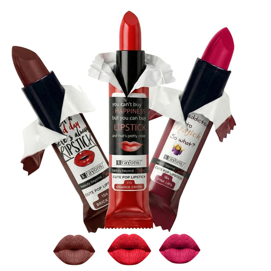 Krayons Cute  Matte Lipstick, Waterproof, Longlasting, 3.5gm Each, Pack of 3 (Brick Tone, Orange Crush, Pink Lips)