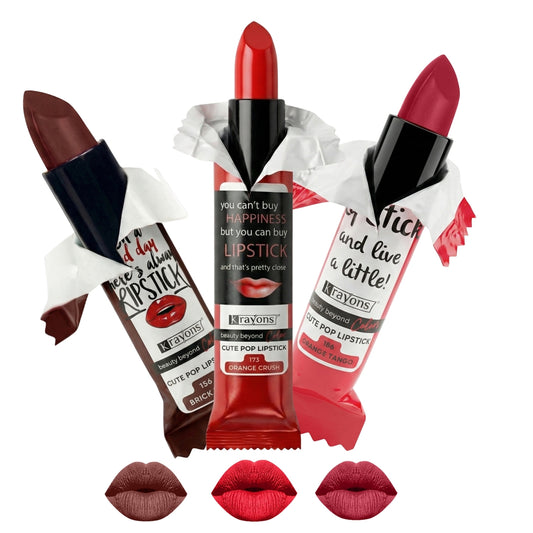 Krayons Cute  Matte Lipstick, Waterproof, Longlasting, 3.5gm Each, Pack of 3 (Brick Tone, Orange Crush, Orange Tango)