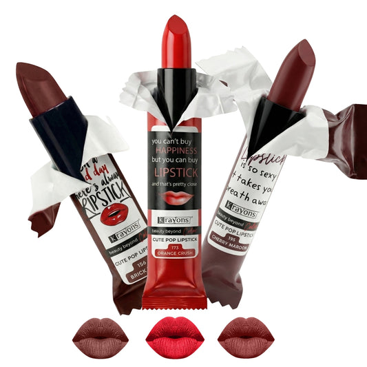 Krayons Cute  Matte Lipstick, Waterproof, Longlasting, 3.5gm Each, Pack of 3 (Brick Tone, Orange Crush, Cherry Maroon)