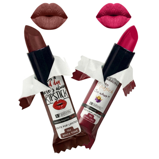 Krayons Cute  Matte Lipstick, Waterproof, Longlasting, 3.5gm Each, Pack of 2 (Brick Tone, Pink Lips)