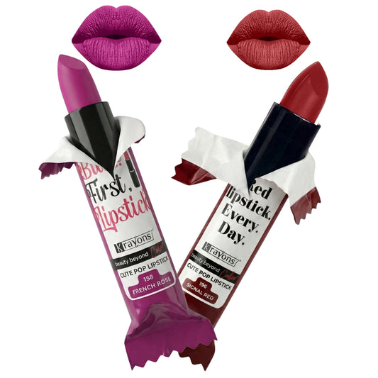 Krayons Cute  Matte Lipstick, Waterproof, Longlasting, 3.5gm Each, Pack of 2 (French Rose, Signal Red)