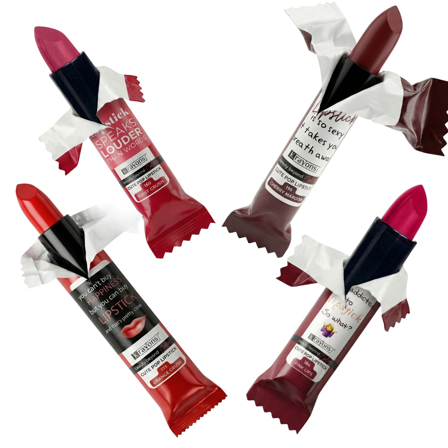 Krayons Cute  Matte Lipstick, Waterproof, Longlasting, 3.5gm Each, Pack of 4 (First Crush, Cherry Maroon, Orange Crush, Pink Lips)