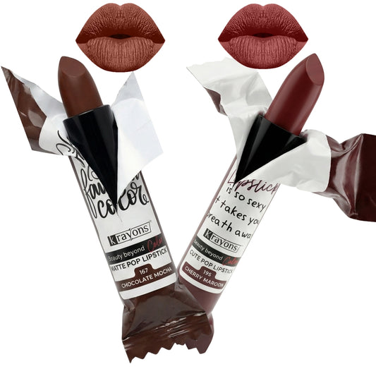 Krayons Cute  Matte Lipstick, Waterproof, Longlasting, 3.5gm Each, Pack of 2 (Chocolate Mocha, Cherry Maroon)