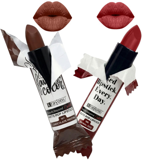 Krayons Cute  Matte Lipstick, Waterproof, Longlasting, 3.5gm Each, Pack of 2 (Chocolate Mocha, Signal Red)