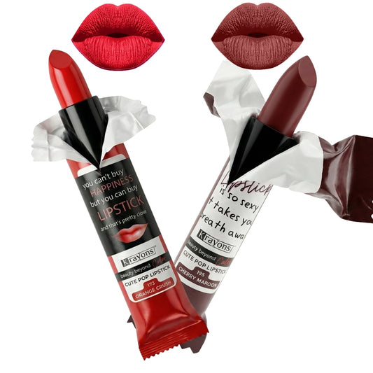 Krayons Cute  Matte Lipstick, Waterproof, Longlasting, 3.5gm Each, Pack of 2 (Orange Crush, Cherry Maroon)