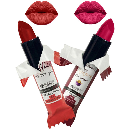 Krayons Cute  Matte Lipstick, Waterproof, Longlasting, 3.5gm Each, Pack of 2 (Centre Stage, Pink Lips)
