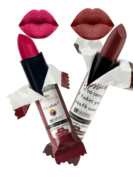 Krayons Cute  Matte Lipstick, Waterproof, Longlasting, 3.5gm Each, Pack of 2 (Pink Lips, Cherry Maroon)