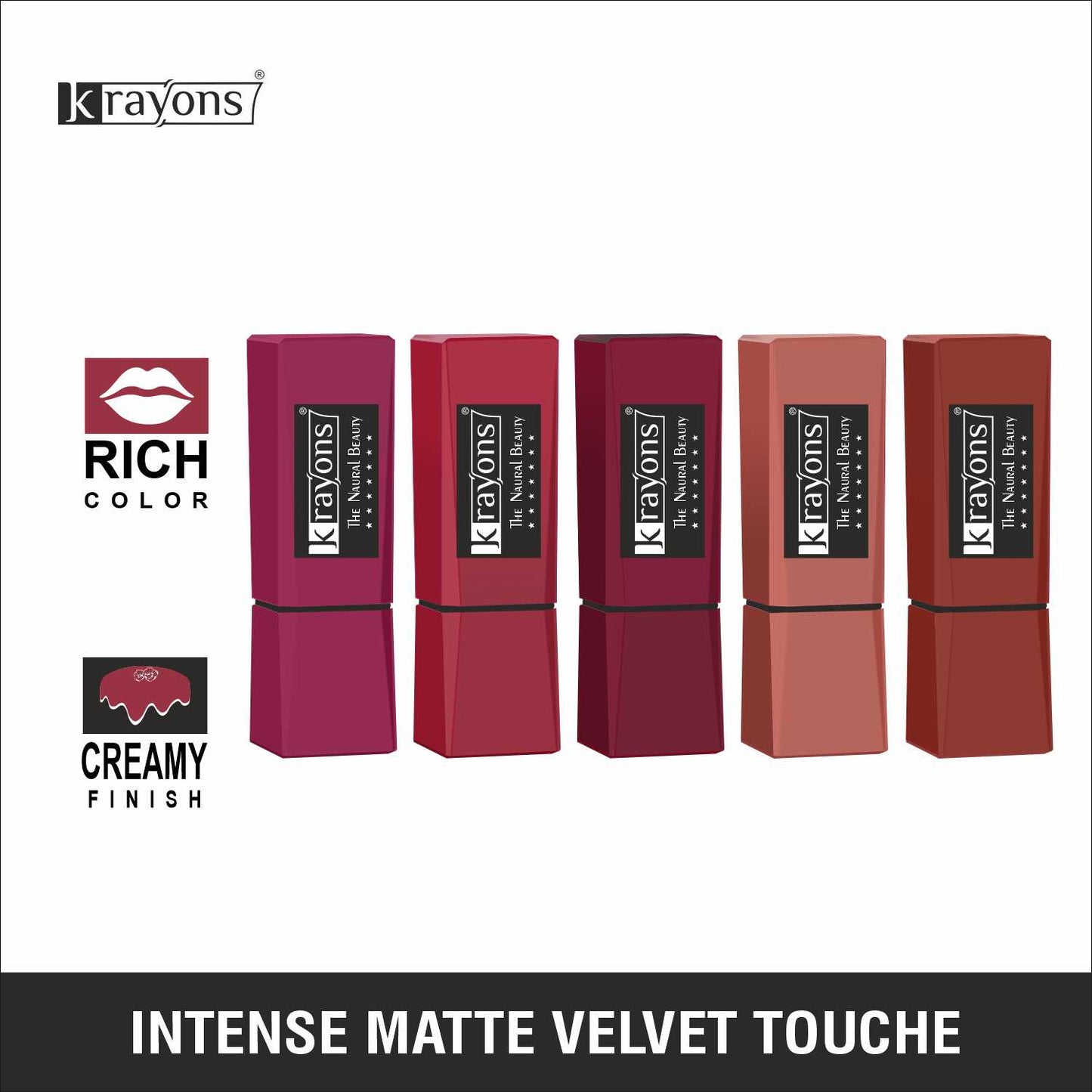 Krayons Intense Matte Lipstick, Waterproof, Longlasting, Multicolor, 3.5gm Each (Pack of 5)