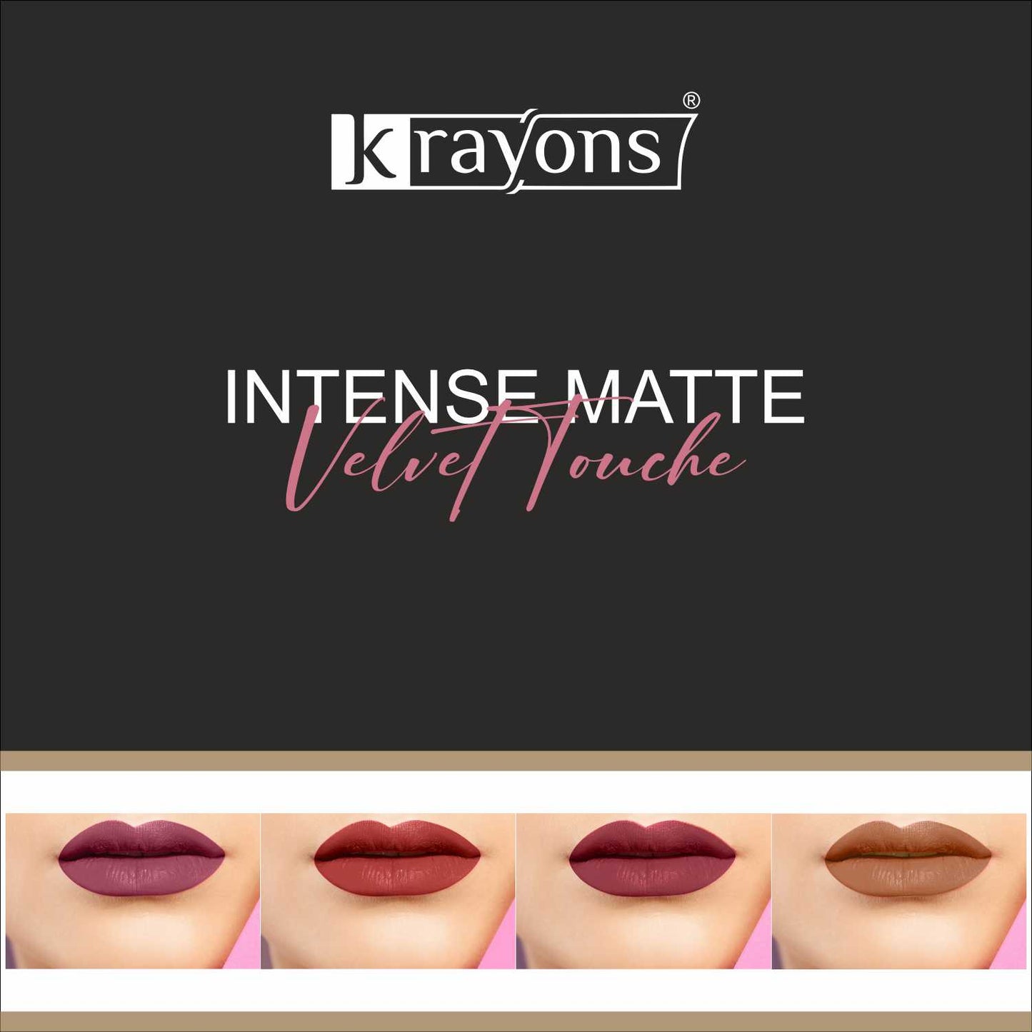 Krayons Intense Matte Lipstick, Waterproof, Longlasting, Rose Red, Scarlet Red, Cherry Maroon, Nude Beige, 3.5gm Each (Pack of 4)