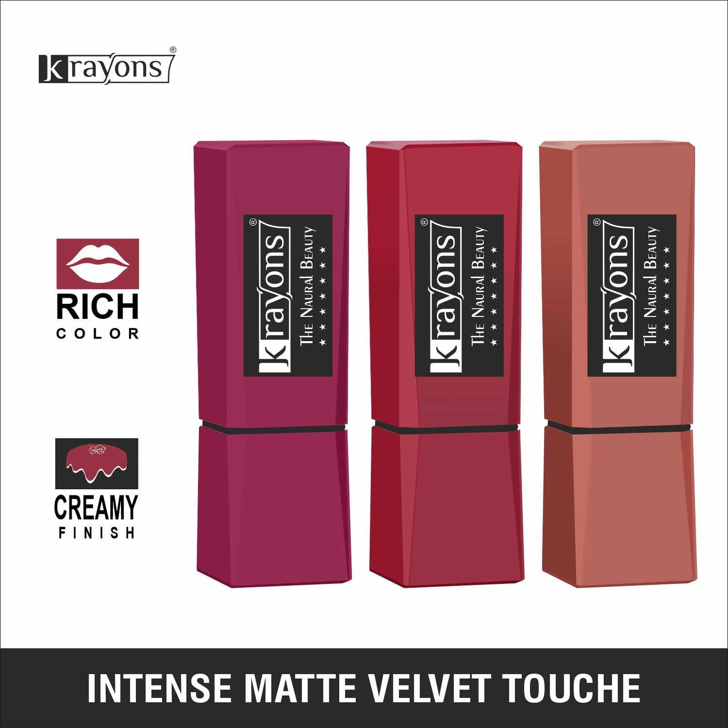Krayons Intense Matte Lipstick, Waterproof, Longlasting, Rose Red, Scarlet Red, Nude Beige, 3.5gm Each (Pack of 3)