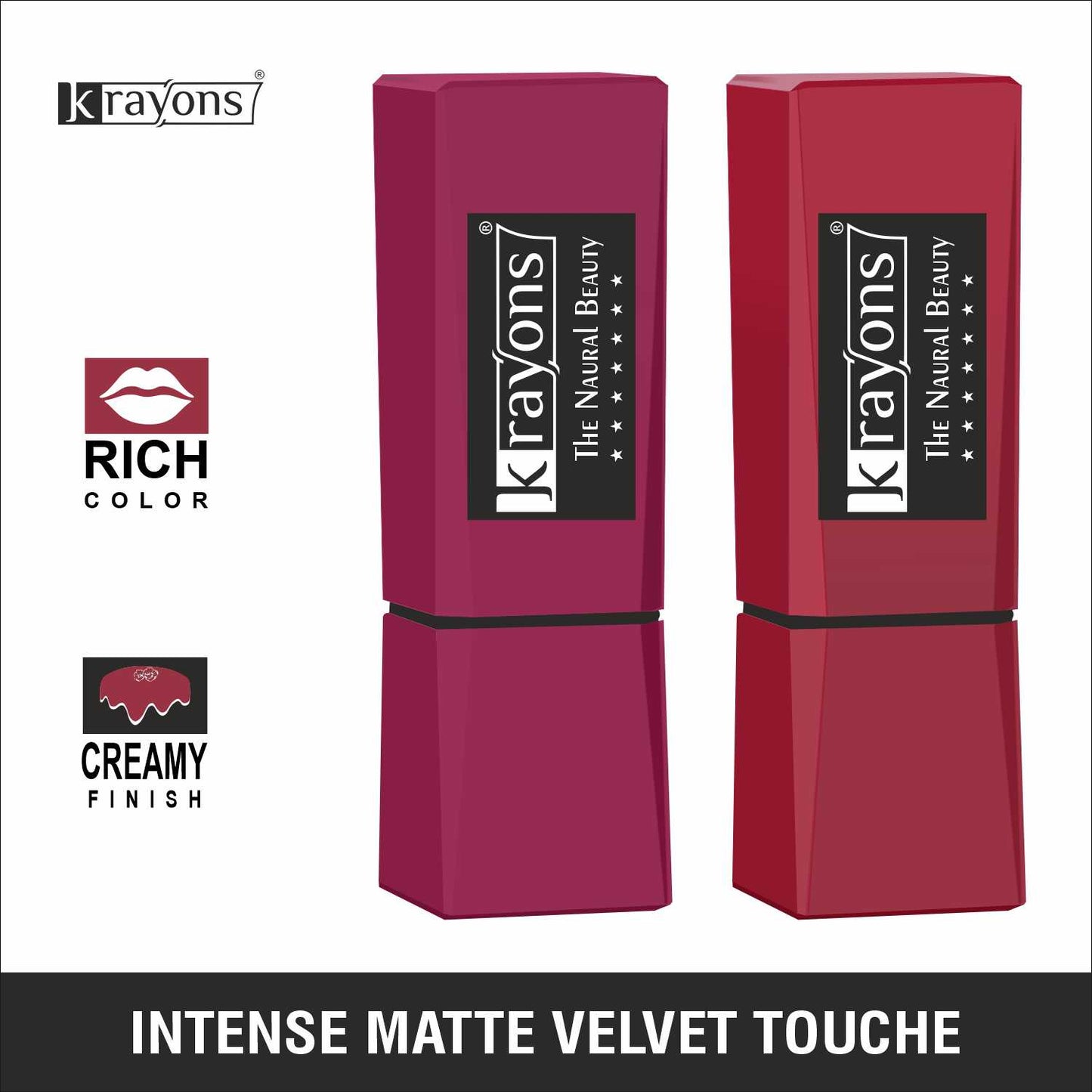 Krayons Intense Matte Lipstick, Waterproof, Longlasting, Rose Red, Scarlet Red, 3.5gm Each (Pack of 2)