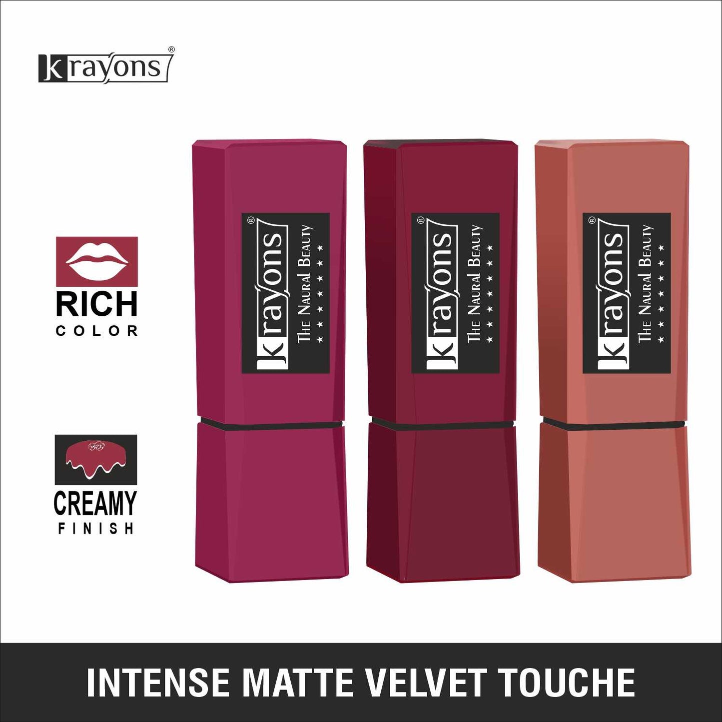 Krayons Intense Matte Lipstick, Waterproof, Longlasting, Rode Red, Cherry Maroon, Nude Beige, 3.5gm Each (Pack of 3)