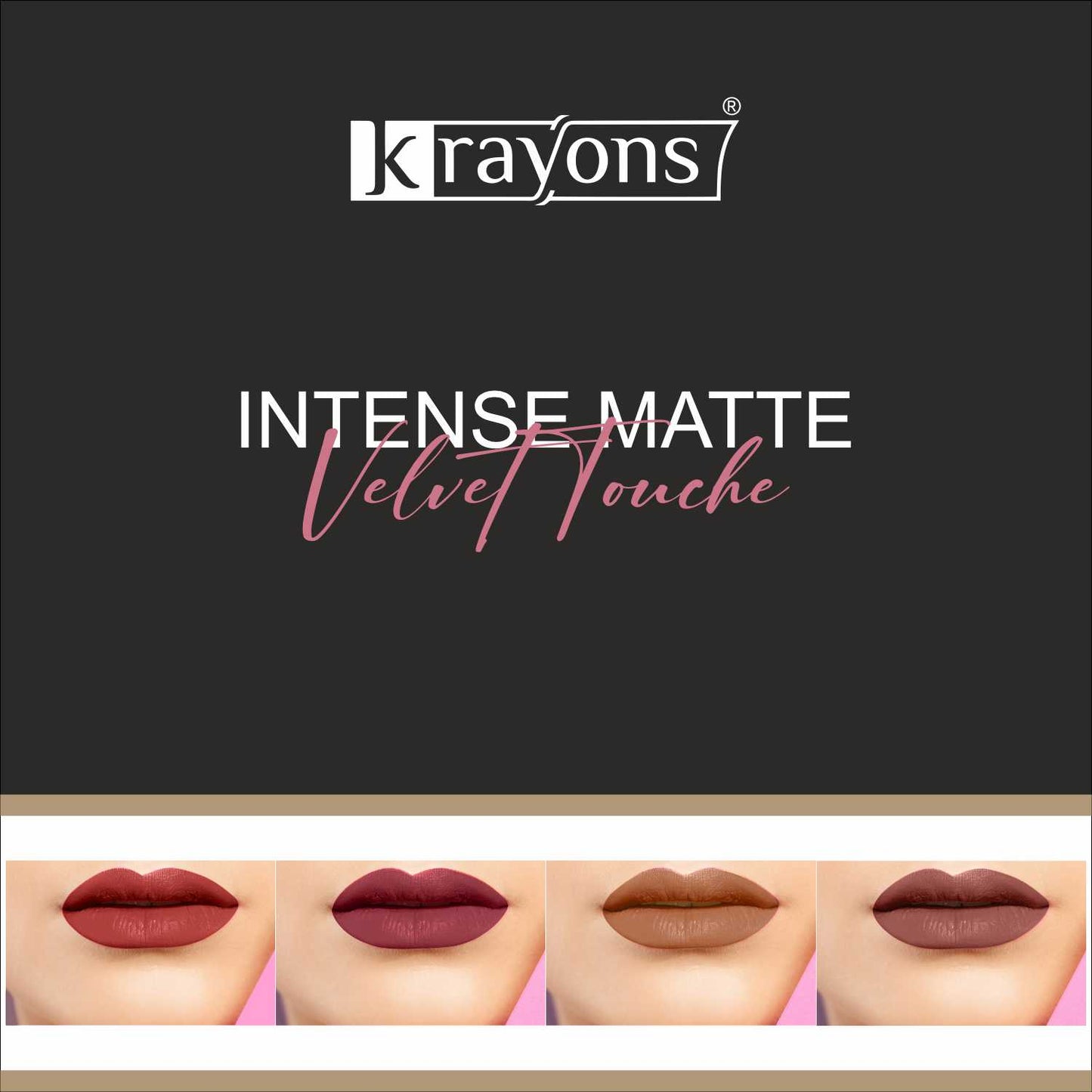 Krayons Intense Matte Lipstick, Waterproof, Longlasting, Scarlet Red, Cherry Maroon, Nude Beige, Chocolate Caramel, 3.5gm Each (Pack of 4)