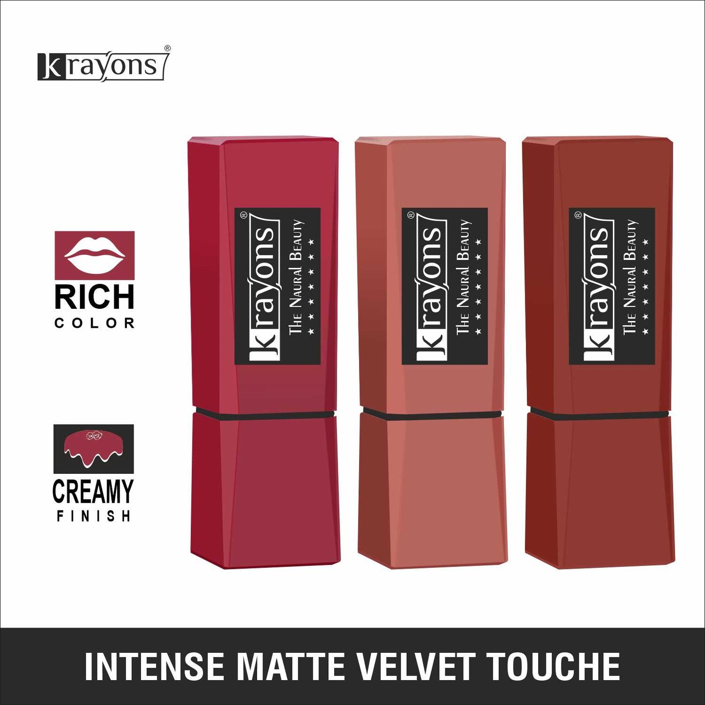 Krayons Intense Matte Lipstick, Waterproof, Longlasting, Scarlet Red, Nude Beige, Chocolate Caramel, 3.5gm Each (Pack of 3)