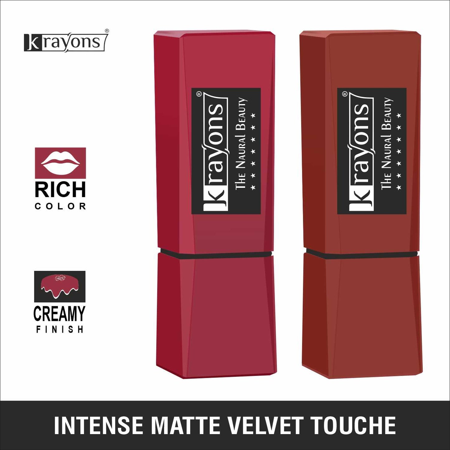 Krayons Intense Matte Lipstick, Waterproof, Longlasting, Scarlet Red, Chocolate Caramel, 3.5gm Each (Pack of 2)