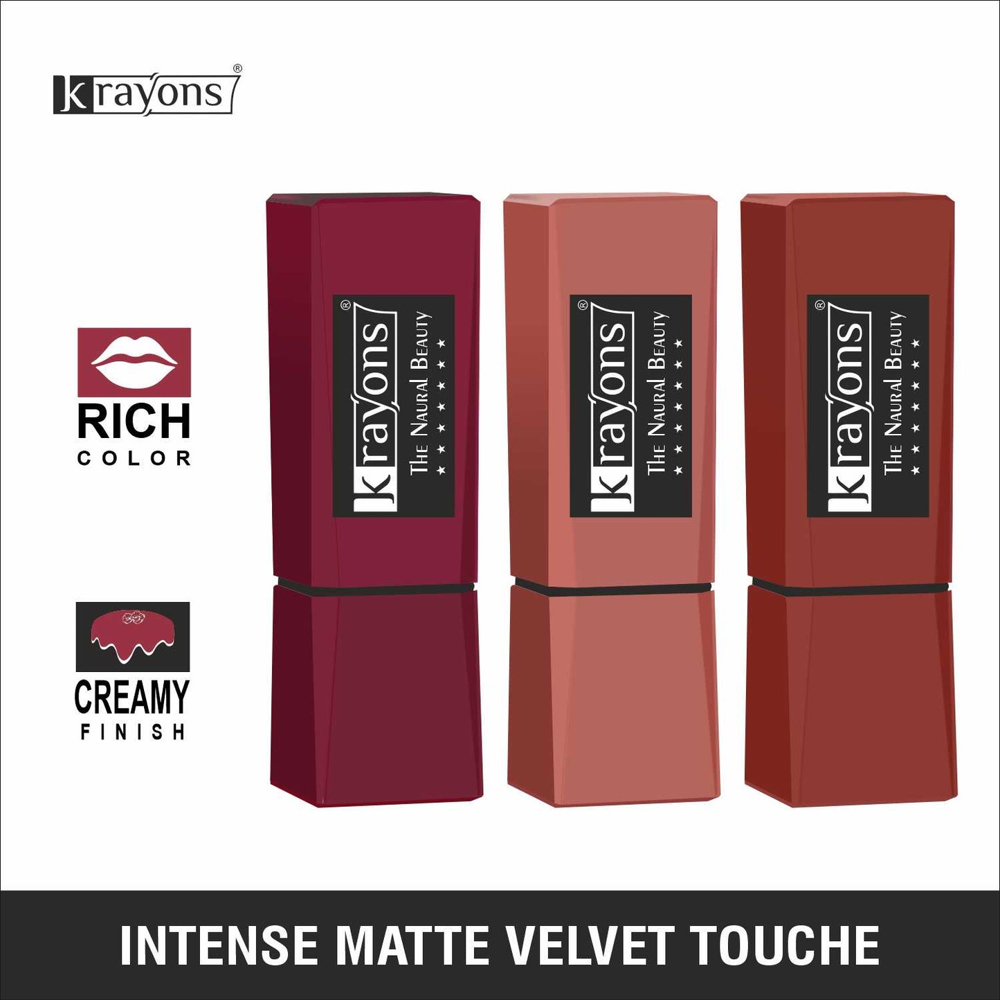 Krayons Intense Matte Lipstick, Waterproof, Longlasting, Cherry Maroon, Nude Beige, Chocolate Caramel, 3.5gm Each (Pack of 3)