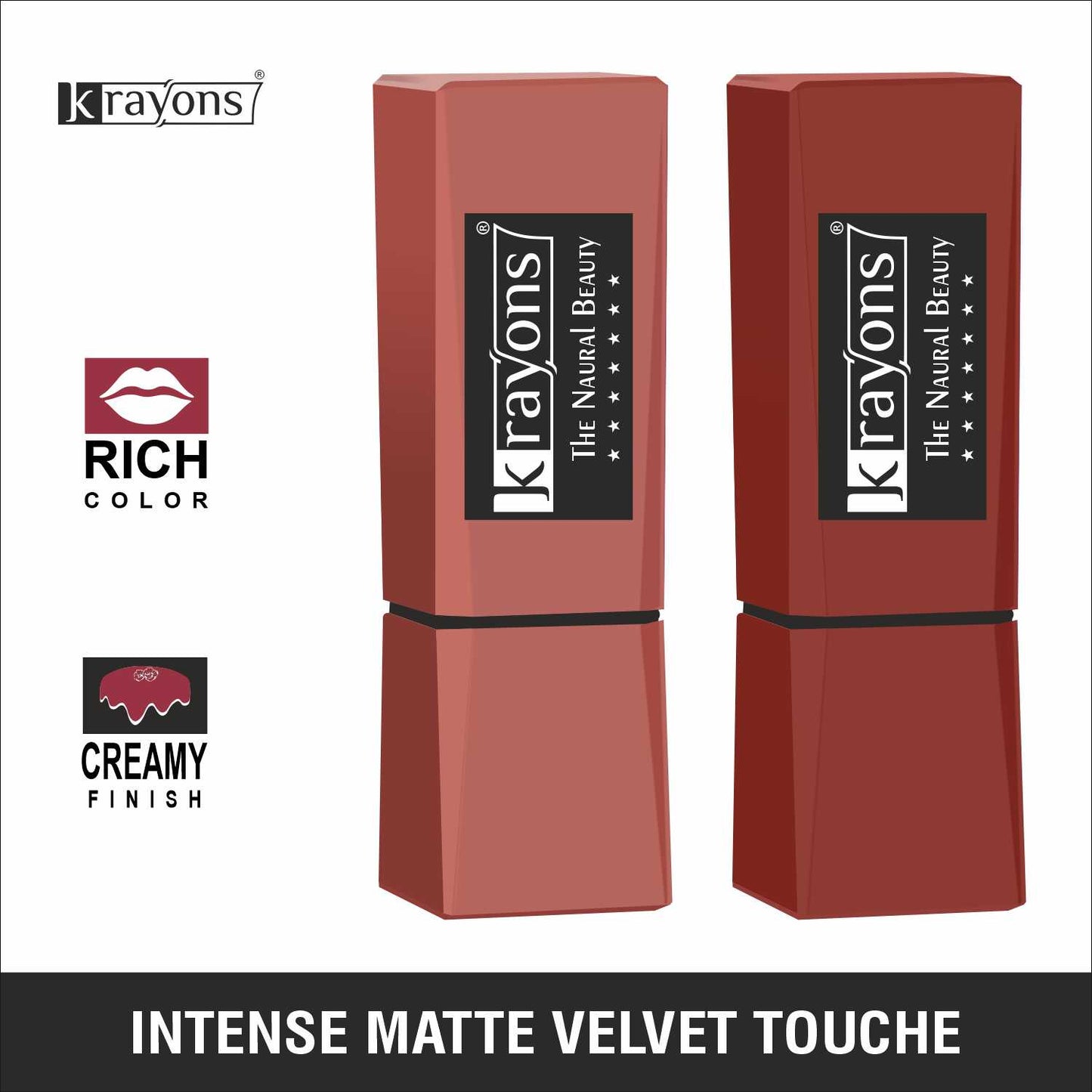 Krayons Intense Matte Lipstick, Waterproof, Longlasting, Nude Beige, Chocolate Caramel, 3.5gm Each (Pack of 2)