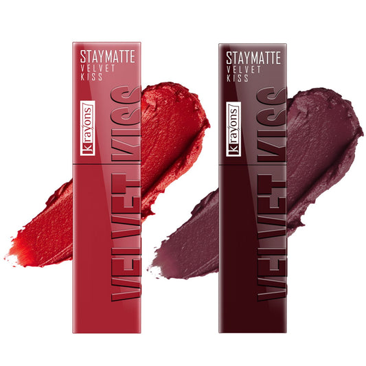 Krayons Velvet Kiss Liquid Lipstick |12hrs long stay|Intense Color Payoff | Weightless Matte Finish | Smudgeproof & Transferproof Lipstick for Women,Lipstick Combo Pack| Scarlet Red,Burnt Maroon,7 ml- PACK OF 2