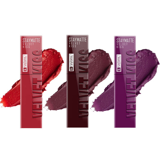 Krayons Velvet Kiss Liquid Lipstick |12hrs long stay|Intense Color Payoff | Weightless Matte Finish | Smudgeproof & Transferproof Lipstick for Women,Lipstick Combo Pack| Scarlet Red,Burnt Maroon,Burgundy,10.5 ml- PACK OF 3