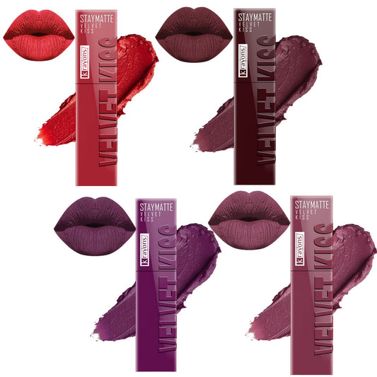 Krayons Velvet Kiss Liquid Lipstick |12hrs long stay|Intense Color Payoff | Weightless Matte Finish | Smudgeproof & Transferproof Lipstick for Women,Lipstick Combo Pack| Scarlet Red,Burnt Maroon,Burgundy,Dusty Mauve,14ml- PACK OF 4