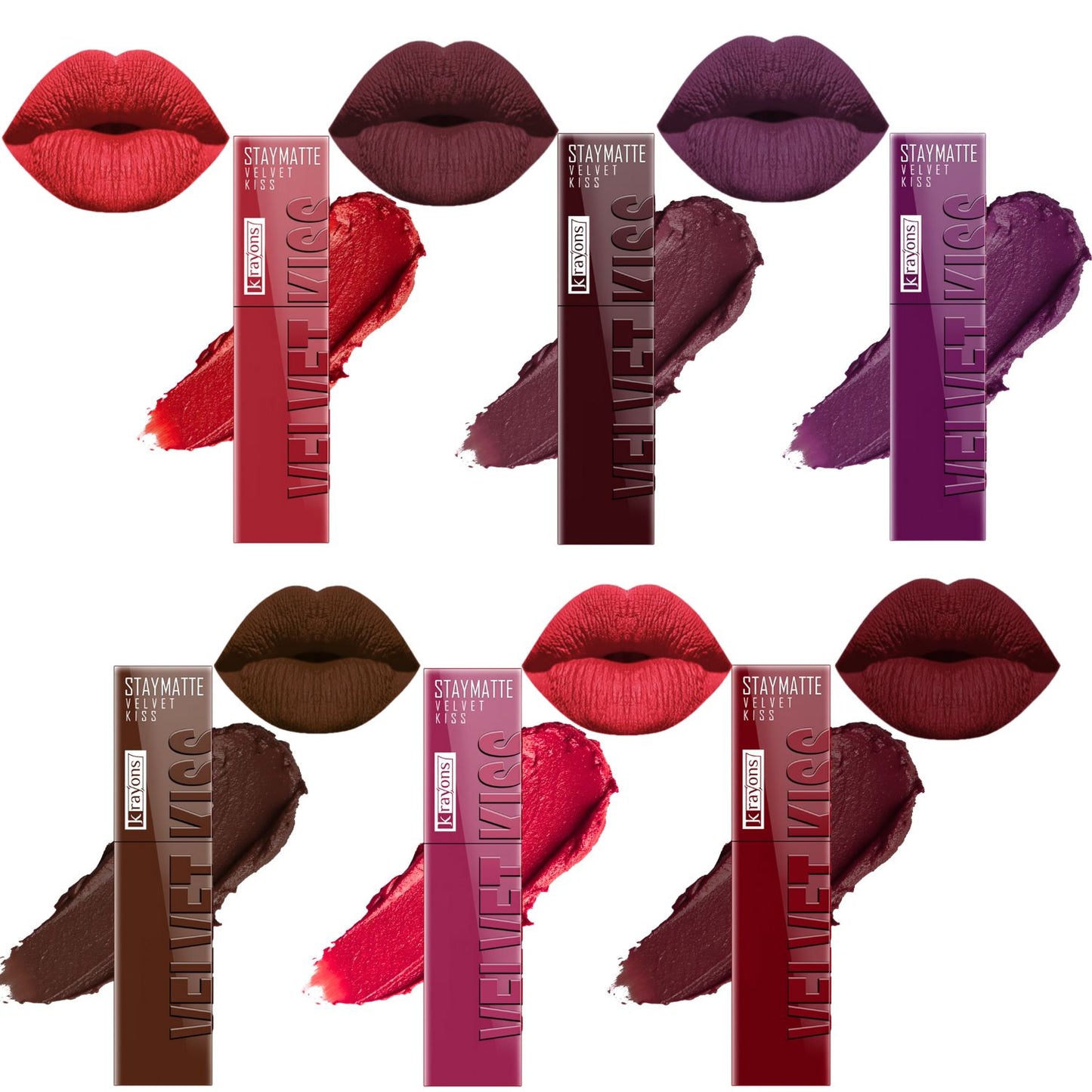 Krayons Velvet Kiss Liquid Lipstick |12hrs long stay|Intense Color Payoff | Weightless Matte Finish | Smudgeproof & Transferproof Lipstick for Women,Lipstick | Scarlet Red,Burnt Maroon,Burgundy,Dark Chocolate,Peach Pink,Wow Maroon, 21ml- PACK OF 6