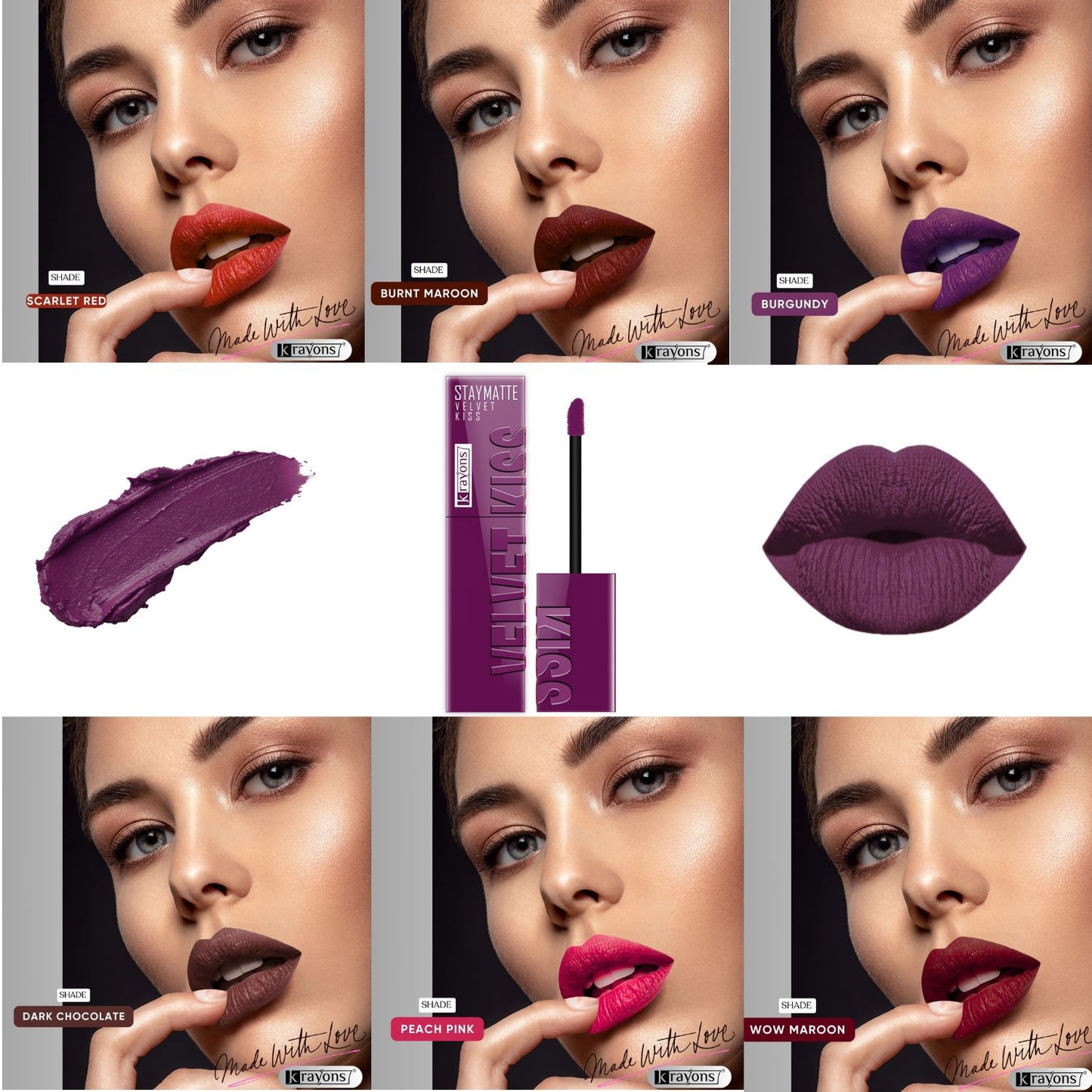 Krayons Velvet Kiss Liquid Lipstick |12hrs long stay|Intense Color Payoff | Weightless Matte Finish | Smudgeproof & Transferproof Lipstick for Women,Lipstick | Scarlet Red,Burnt Maroon,Burgundy,Dark Chocolate,Peach Pink,Wow Maroon, 21ml- PACK OF 6