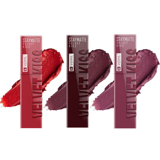 Krayons Velvet Kiss Liquid Lipstick |12hrs long stay|Intense Color Payoff | Weightless Matte Finish | Smudgeproof & Transferproof Lipstick for Women,Lipstick Combo Pack| Scarlet Red,Burnt Maroon,Dusty Mauve,10.5 ml- PACK OF 3