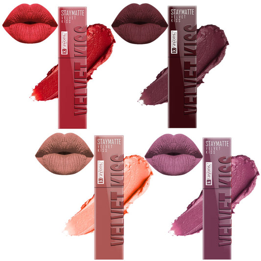 Krayons Velvet Kiss Liquid Lipstick |12hrs long stay|Intense Color Payoff | Weightless Matte Finish | Smudgeproof & Transferproof Lipstick for Women,Lipstick Combo Pack| Scarlet Red,Burnt Maroon,Sheer Nude,Orchid Love,14ml- PACK OF 4