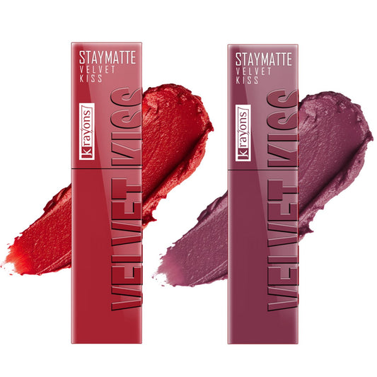Krayons Velvet Kiss Liquid Lipstick |12hrs long stay|Intense Color Payoff | Weightless Matte Finish | Smudgeproof & Transferproof Lipstick for Women,Lipstick Combo Pack| Scarlet Red,Dusty Mauve,7 ml- PACK OF 2