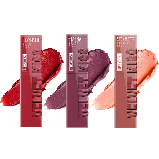 Krayons Velvet Kiss Liquid Lipstick |12hrs long stay|Intense Color Payoff | Weightless Matte Finish | Smudgeproof & Transferproof Lipstick for Women,Lipstick Combo Pack| Scarlet Red,Dusty Mauve,Sheer Nude,10.5 ml- PACK OF 3