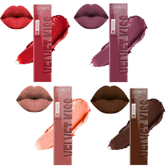 Krayons Velvet Kiss Liquid Lipstick |12hrs long stay|Intense Color Payoff | Weightless Matte Finish | Smudgeproof & Transferproof Lipstick for Women,Lipstick Combo Pack| Scarlet Red,Dusty Mauve,Sheer Nude,Dark Chocolate,14ml- PACK OF 4