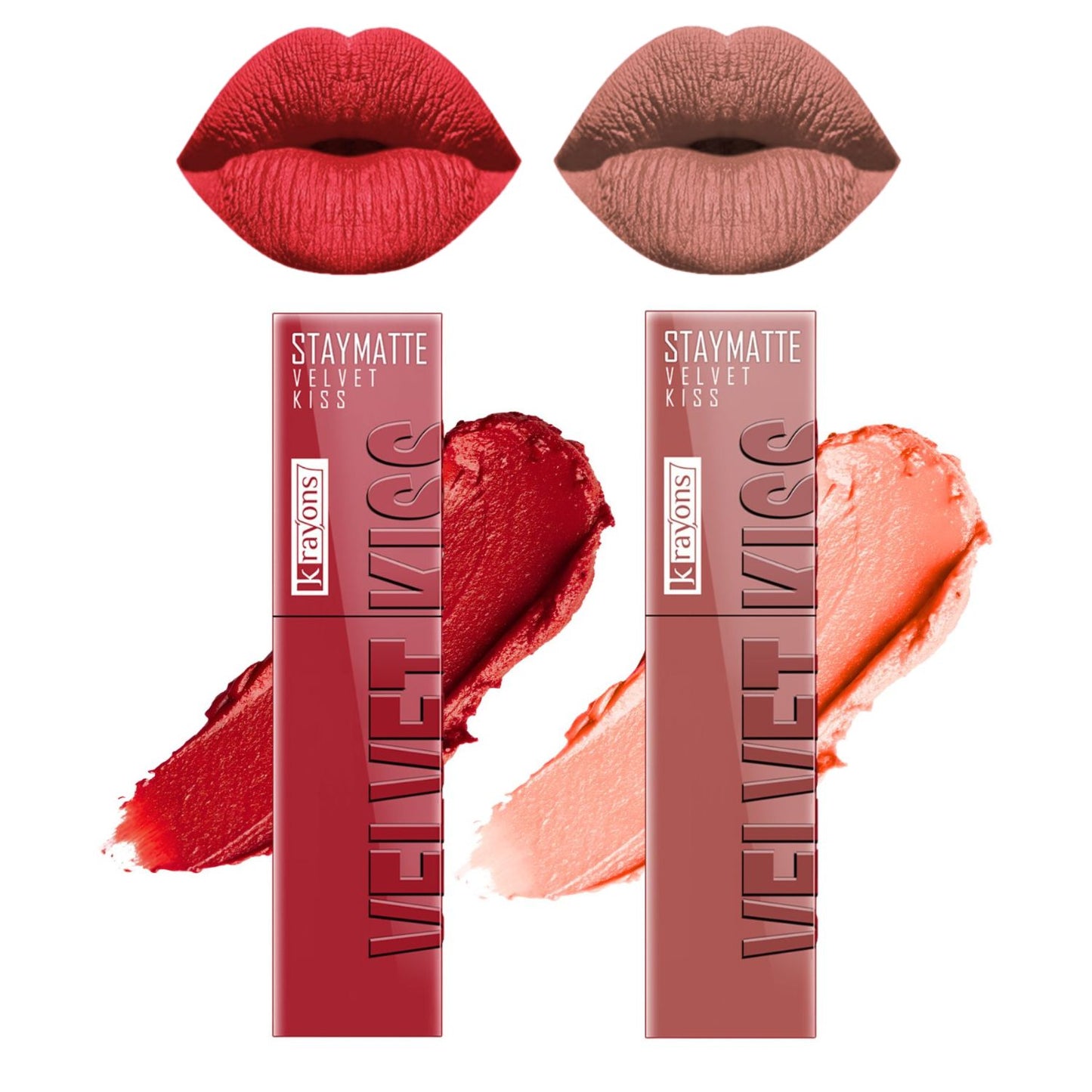 Krayons Velvet Kiss Liquid Lipstick |12hrs long stay|Intense Color Payoff | Weightless Matte Finish | Smudgeproof & Transferproof Lipstick for Women,Lipstick Combo Pack| Scarlet Red,Sheer Nude,7 ml- PACK OF 2