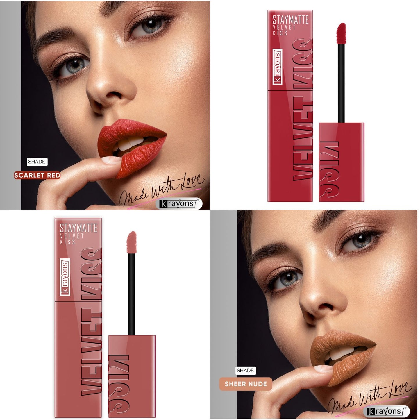 Krayons Velvet Kiss Liquid Lipstick |12hrs long stay|Intense Color Payoff | Weightless Matte Finish | Smudgeproof & Transferproof Lipstick for Women,Lipstick Combo Pack| Scarlet Red,Sheer Nude,7 ml- PACK OF 2