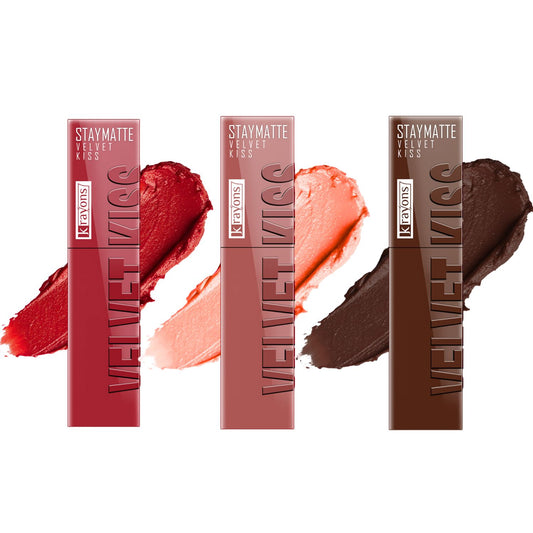 Krayons Velvet Kiss Liquid Lipstick |12hrs long stay|Intense Color Payoff | Weightless Matte Finish | Smudgeproof & Transferproof Lipstick for Women,Lipstick Combo Pack| Scarlet Red,Sheer Nude,Dark Chocolate,10.5 ml- PACK OF 3