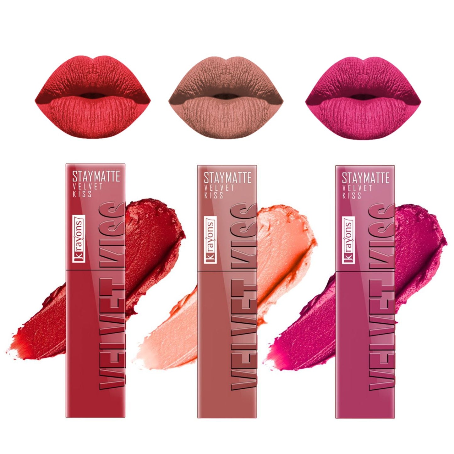Krayons Velvet Kiss Liquid Lipstick |12hrs long stay|Intense Color Payoff | Weightless Matte Finish | Smudgeproof & Transferproof Lipstick for Women,Lipstick Combo Pack| Scarlet Red,Sheer Nude,Pink Punch,10.5 ml- PACK OF 3