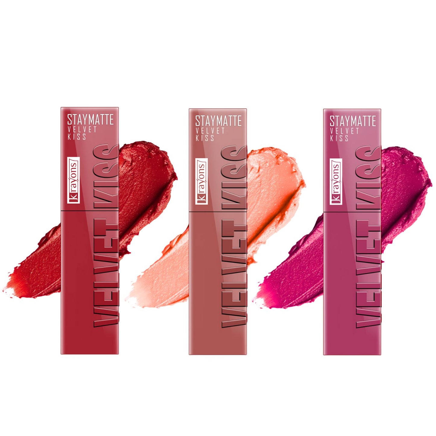 Krayons Velvet Kiss Liquid Lipstick |12hrs long stay|Intense Color Payoff | Weightless Matte Finish | Smudgeproof & Transferproof Lipstick for Women,Lipstick Combo Pack| Scarlet Red,Sheer Nude,Pink Punch,10.5 ml- PACK OF 3