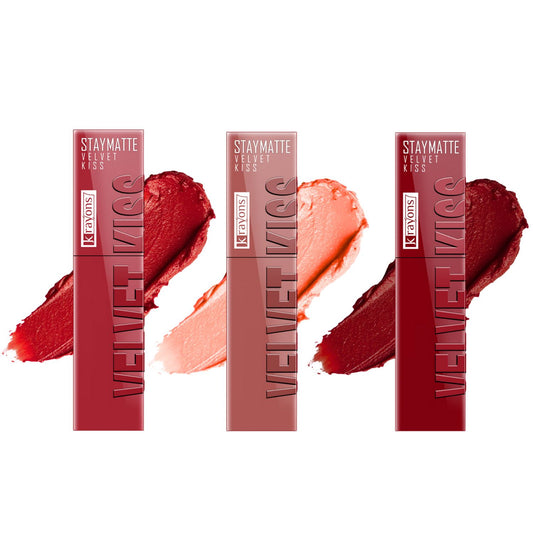 Krayons Velvet Kiss Liquid Lipstick |12hrs long stay|Intense Color Payoff | Weightless Matte Finish | Smudgeproof & Transferproof Lipstick for Women,Lipstick Combo Pack| Scarlet Red,Sheer Nude,Ruby Red,10.5 ml- PACK OF 3