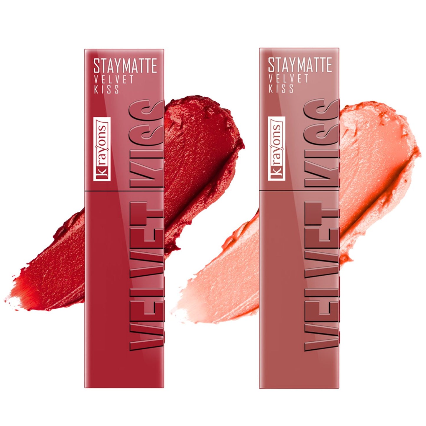 Krayons Velvet Kiss Liquid Lipstick |12hrs long stay|Intense Color Payoff | Weightless Matte Finish | Smudgeproof & Transferproof Lipstick for Women,Lipstick Combo Pack| Scarlet Red,Sheer Nude,7 ml- PACK OF 2