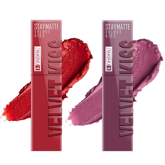 Krayons Velvet Kiss Liquid Lipstick |12hrs long stay|Intense Color Payoff | Weightless Matte Finish | Smudgeproof & Transferproof Lipstick for Women,Lipstick Combo Pack| Scarlet Red,Orchid Love,7 ml- PACK OF 2