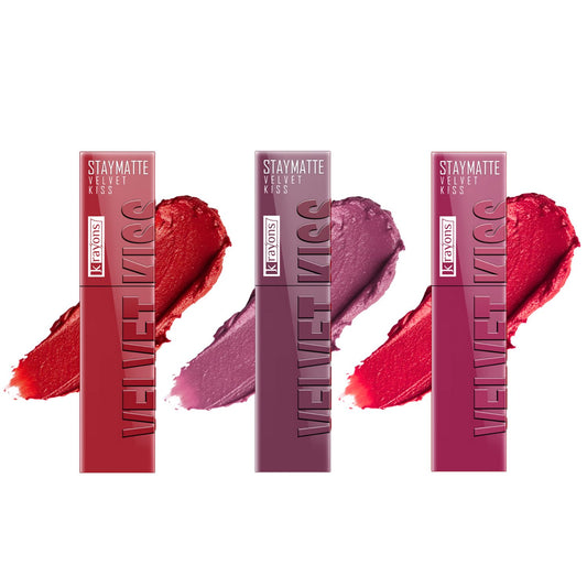 Krayons Velvet Kiss Liquid Lipstick |12hrs long stay|Intense Color Payoff | Weightless Matte Finish | Smudgeproof & Transferproof Lipstick for Women,Lipstick Combo Pack| Scarlet Red,Orchid Love,Peach Pink,10.5 ml- PACK OF 3