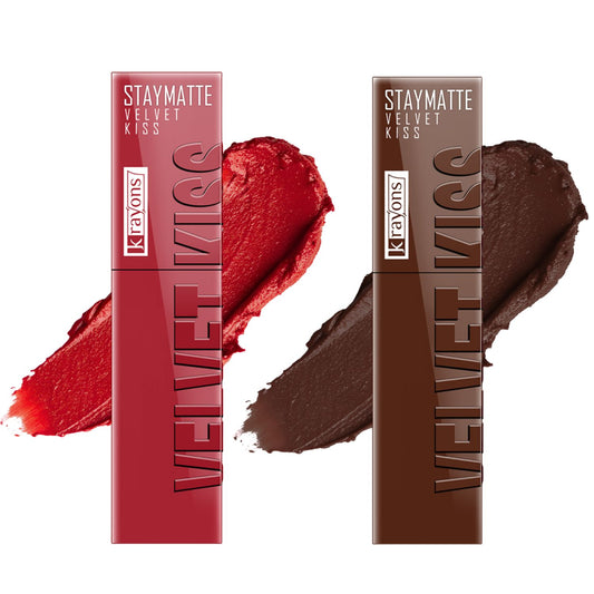 Krayons Velvet Kiss Liquid Lipstick |12hrs long stay|Intense Color Payoff | Weightless Matte Finish | Smudgeproof & Transferproof Lipstick for Women,Lipstick Combo Pack| Scarlet Red,Dark Chocolate,7 ml- PACK OF 2