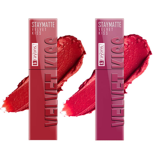Krayons Velvet Kiss Liquid Lipstick |12hrs long stay|Intense Color Payoff | Weightless Matte Finish | Smudgeproof & Transferproof Lipstick for Women,Lipstick Combo Pack| Scarlet Red,Peach Pink,7 ml- PACK OF 2