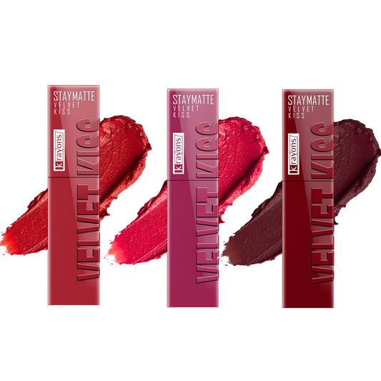 Krayons Velvet Kiss Liquid Lipstick |12hrs long stay|Intense Color Payoff | Weightless Matte Finish | Smudgeproof & Transferproof Lipstick for Women,Lipstick Combo Pack| Scarlet Red,Peach Pink,Wow Maroon,10.5 ml- PACK OF 3